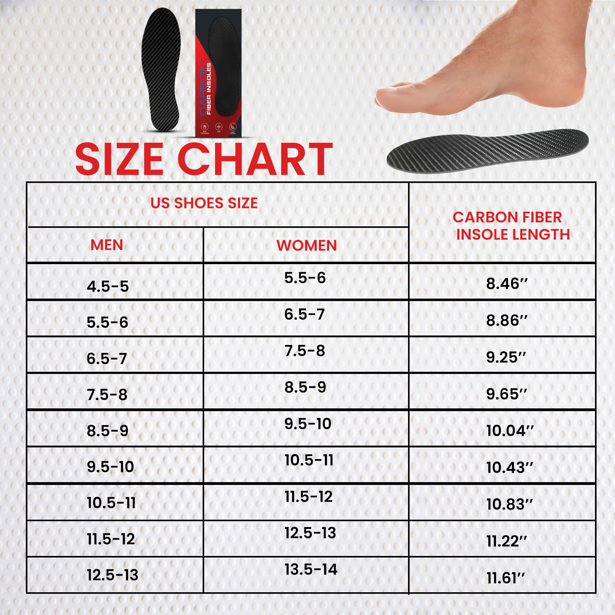 Carbon Fiber Insole size chart: US shoe sizes for men 4.5–13 and women 5.5–14, insole lengths 8.46 to 11.61 inches